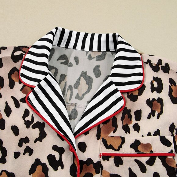 B313  Kahiki Leopard Print Color block Striped Edge Shirt and Pants Pajama Set - Picture 7 of 14